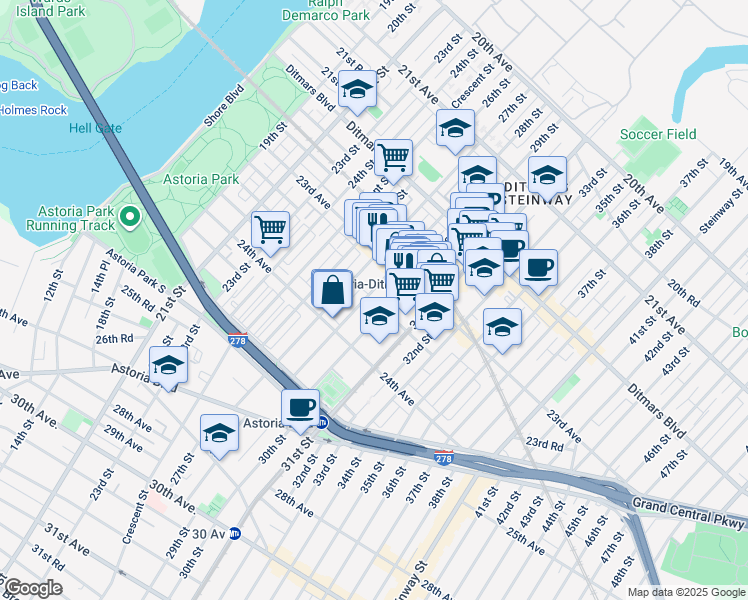 map of restaurants, bars, coffee shops, grocery stores, and more near 23-41 28th Street in Queens