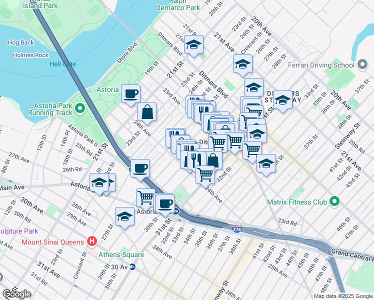 map of restaurants, bars, coffee shops, grocery stores, and more near 23-71 27th Street in Queens