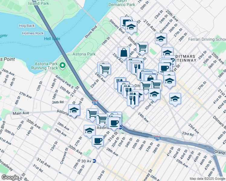 map of restaurants, bars, coffee shops, grocery stores, and more near 23-90 26th Street in Queens
