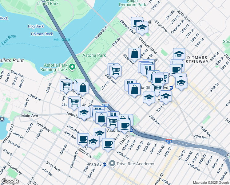map of restaurants, bars, coffee shops, grocery stores, and more near 24-24 Crescent Street in Queens