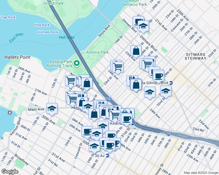 map of restaurants, bars, coffee shops, grocery stores, and more near in Queens