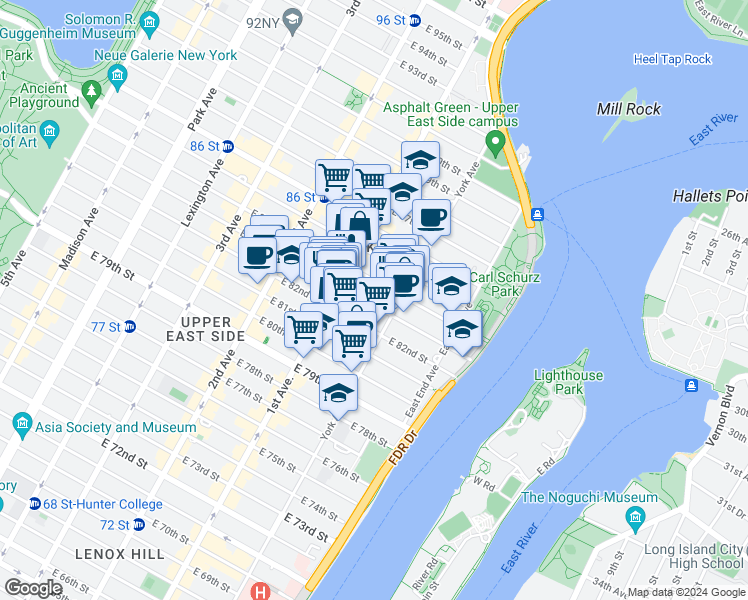 map of restaurants, bars, coffee shops, grocery stores, and more near 408 East 82nd Street in New York