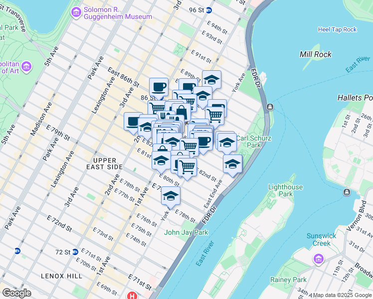 map of restaurants, bars, coffee shops, grocery stores, and more near 408 East 82nd Street in New York