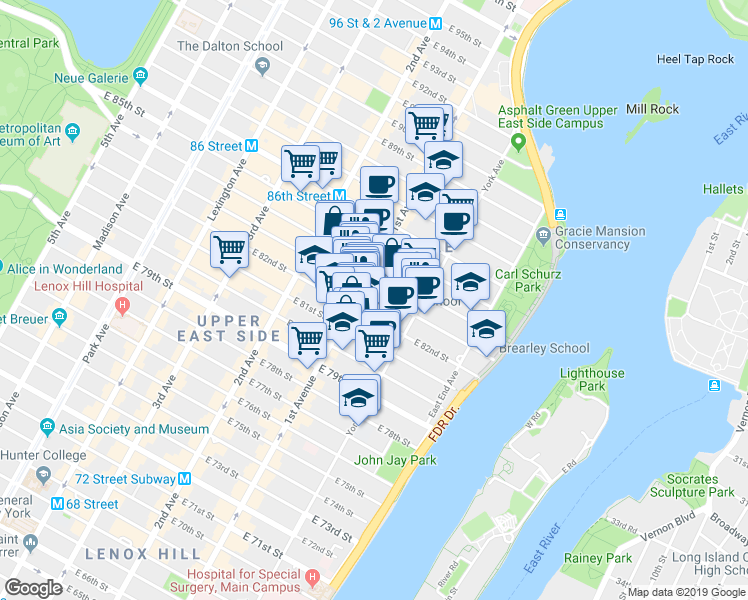map of restaurants, bars, coffee shops, grocery stores, and more near 408 East 82nd Street in New York
