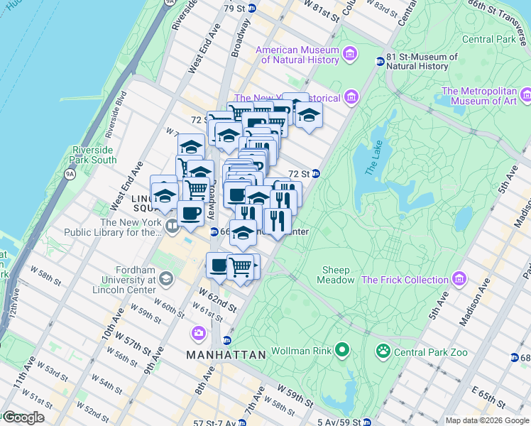map of restaurants, bars, coffee shops, grocery stores, and more near 88 Central Park West in New York