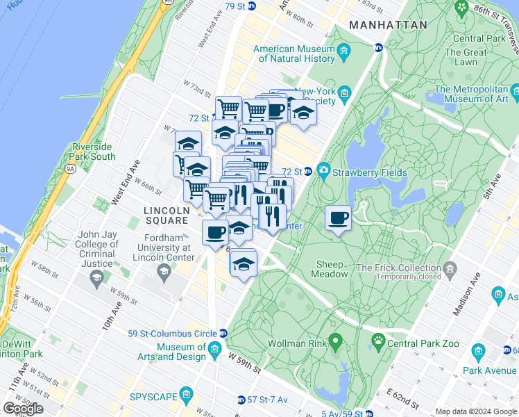 map of restaurants, bars, coffee shops, grocery stores, and more near 88 Central Park West in New York