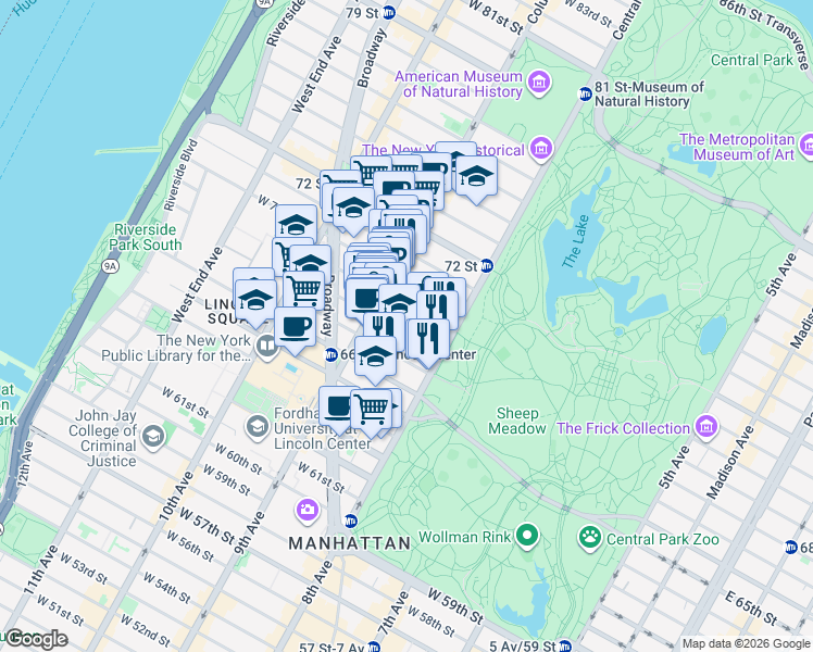 map of restaurants, bars, coffee shops, grocery stores, and more near 88 Central Park West in New York