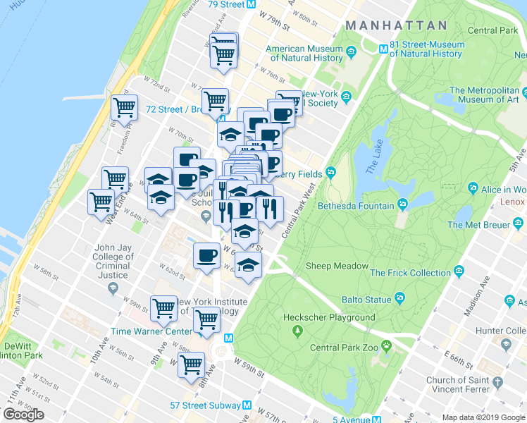 map of restaurants, bars, coffee shops, grocery stores, and more near 67 West 68th Street in New York