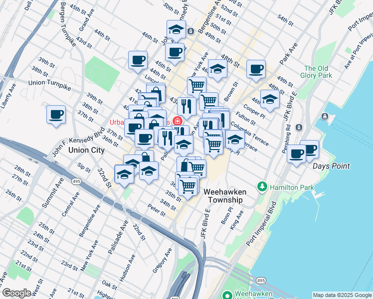 map of restaurants, bars, coffee shops, grocery stores, and more near 125 40th Street in Union City