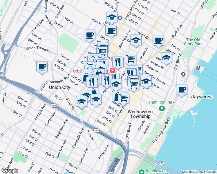 map of restaurants, bars, coffee shops, grocery stores, and more near 208 39th Street in Union City