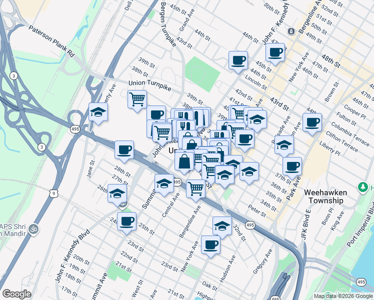 map of restaurants, bars, coffee shops, grocery stores, and more near in Union City