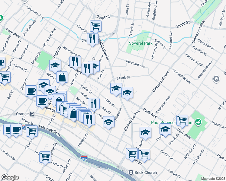 map of restaurants, bars, coffee shops, grocery stores, and more near 730 Park Avenue in East Orange