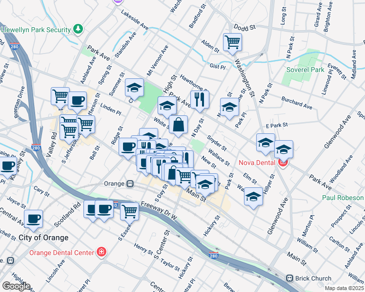 map of restaurants, bars, coffee shops, grocery stores, and more near 80 North Essex Avenue in City of Orange