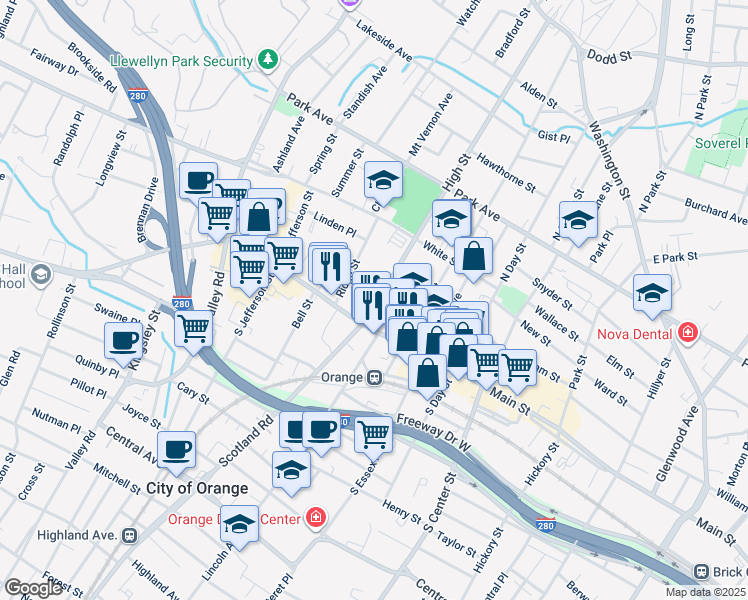 map of restaurants, bars, coffee shops, grocery stores, and more near 19 High Street in City of Orange