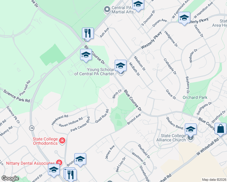 map of restaurants, bars, coffee shops, grocery stores, and more near 1631-1633 Birch Ct in State College