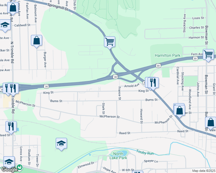 map of restaurants, bars, coffee shops, grocery stores, and more near 640 King Street in Mansfield