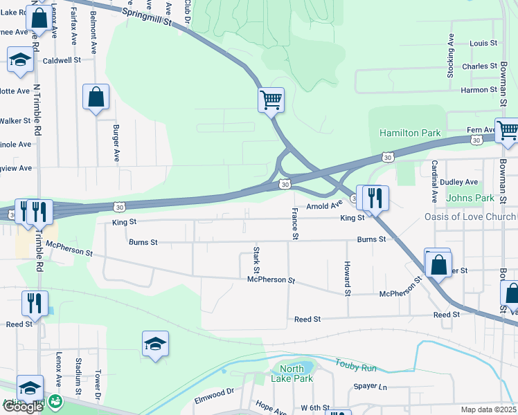 map of restaurants, bars, coffee shops, grocery stores, and more near 640 King Street in Mansfield