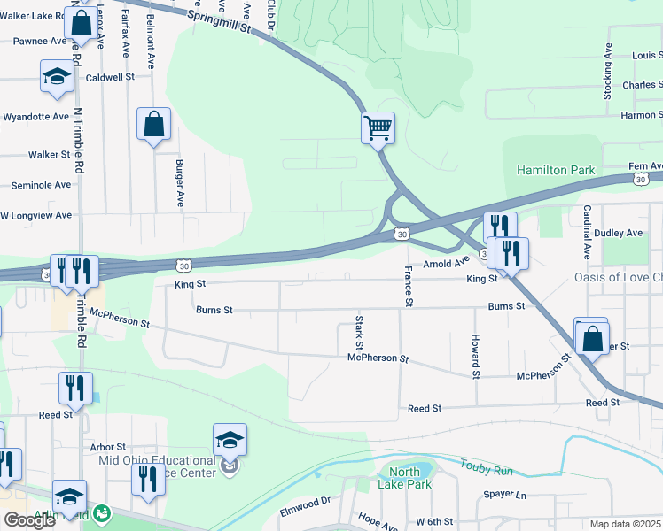 map of restaurants, bars, coffee shops, grocery stores, and more near 690 King Street in Mansfield