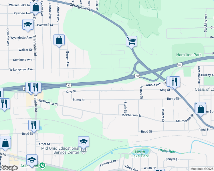map of restaurants, bars, coffee shops, grocery stores, and more near 770 King Street in Mansfield