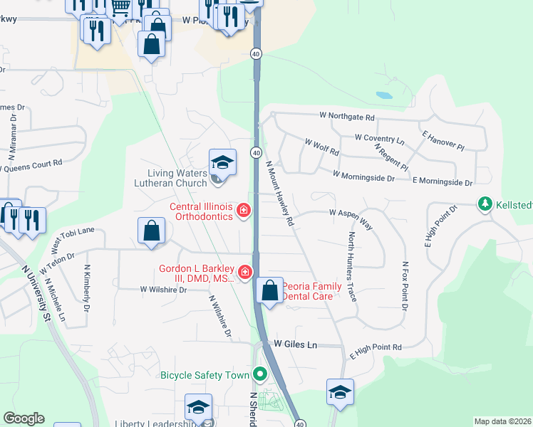 map of restaurants, bars, coffee shops, grocery stores, and more near 7211 North Knoxville Avenue in Peoria