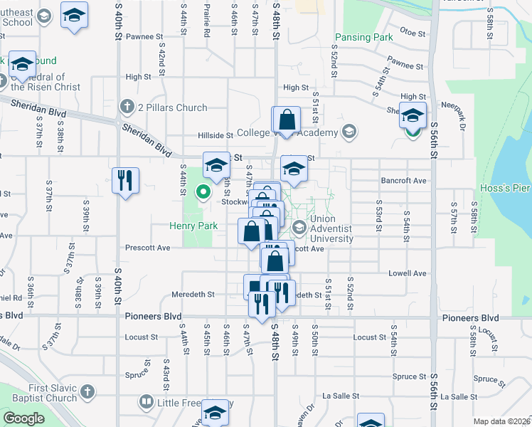 map of restaurants, bars, coffee shops, grocery stores, and more near 3833 South 48th Street in Lincoln