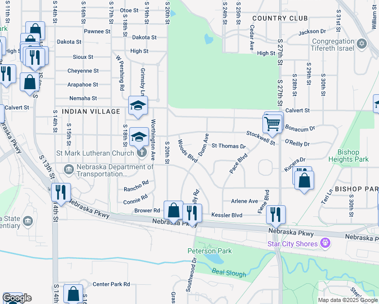 map of restaurants, bars, coffee shops, grocery stores, and more near 3944 Woods Boulevard in Lincoln