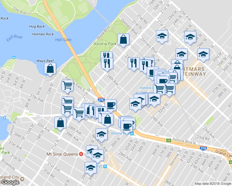 map of restaurants, bars, coffee shops, grocery stores, and more near 24-24 Crescent Street in Queens