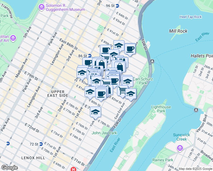 map of restaurants, bars, coffee shops, grocery stores, and more near 1575 York Avenue in New York