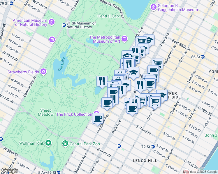 map of restaurants, bars, coffee shops, grocery stores, and more near 5th Avenue in New York