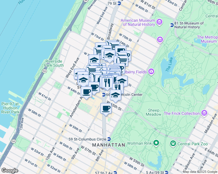 map of restaurants, bars, coffee shops, grocery stores, and more near 101 West 67th Street in New York