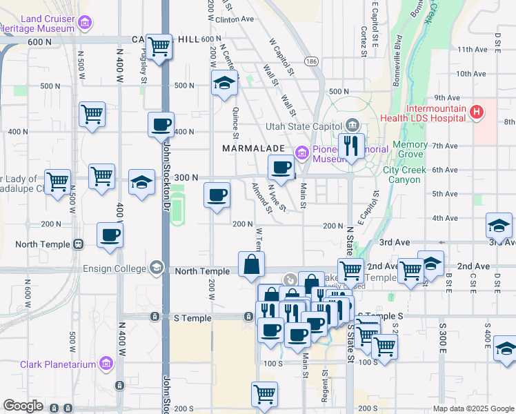 map of restaurants, bars, coffee shops, grocery stores, and more near 226 North West Temple in Salt Lake City