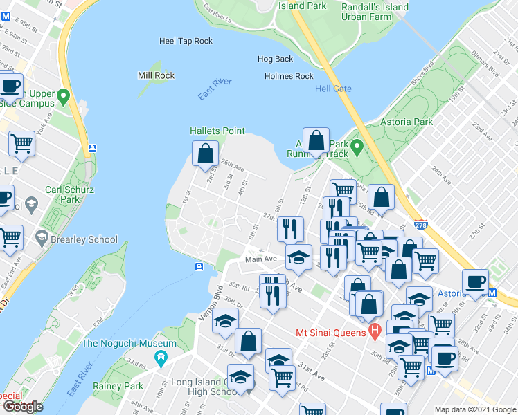 map of restaurants, bars, coffee shops, grocery stores, and more near 4-35 27th Avenue in Queens