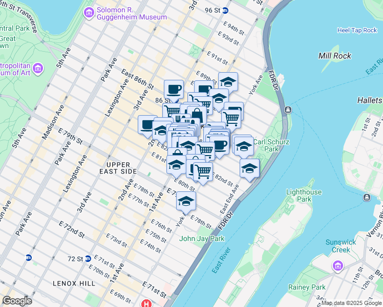 map of restaurants, bars, coffee shops, grocery stores, and more near 408 East 82nd Street in New York