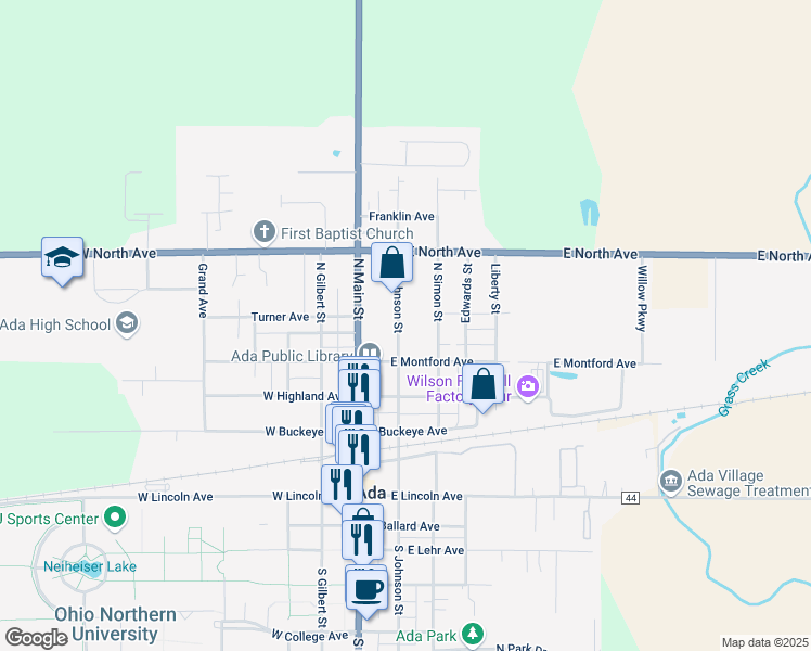 map of restaurants, bars, coffee shops, grocery stores, and more near 428 North Johnson Street in Ada