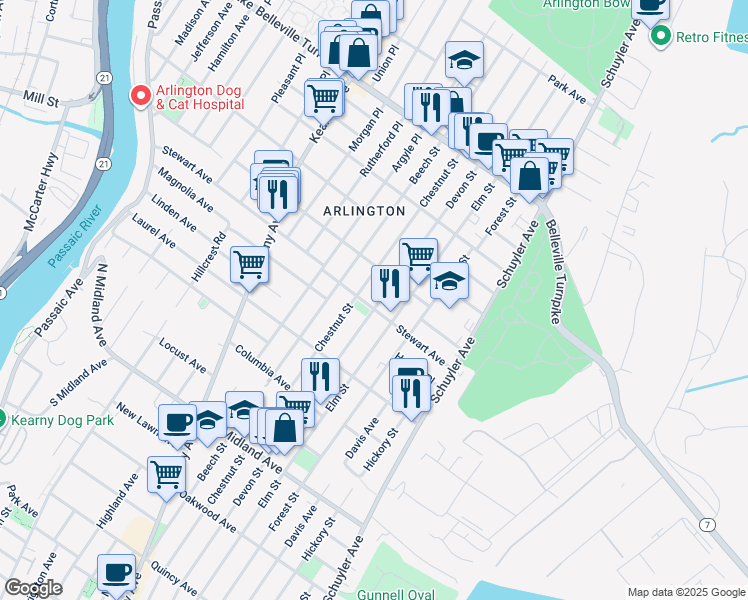 map of restaurants, bars, coffee shops, grocery stores, and more near 243 Stewart Avenue in Kearny