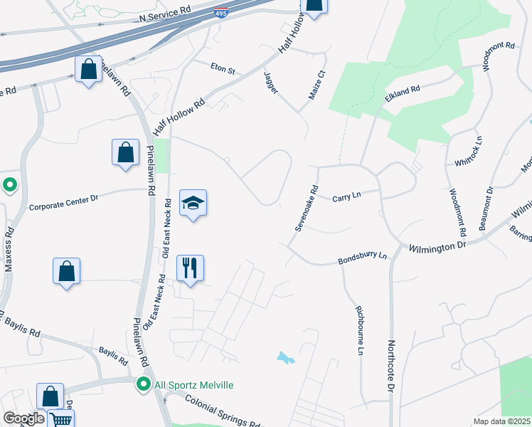 map of restaurants, bars, coffee shops, grocery stores, and more near 26 Legends Circle in Melville