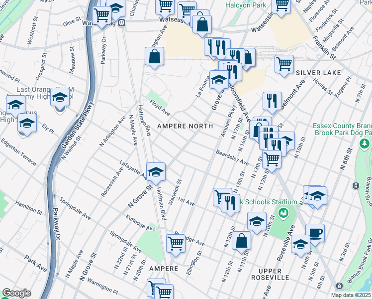 map of restaurants, bars, coffee shops, grocery stores, and more near 39 Grove Street in Bloomfield