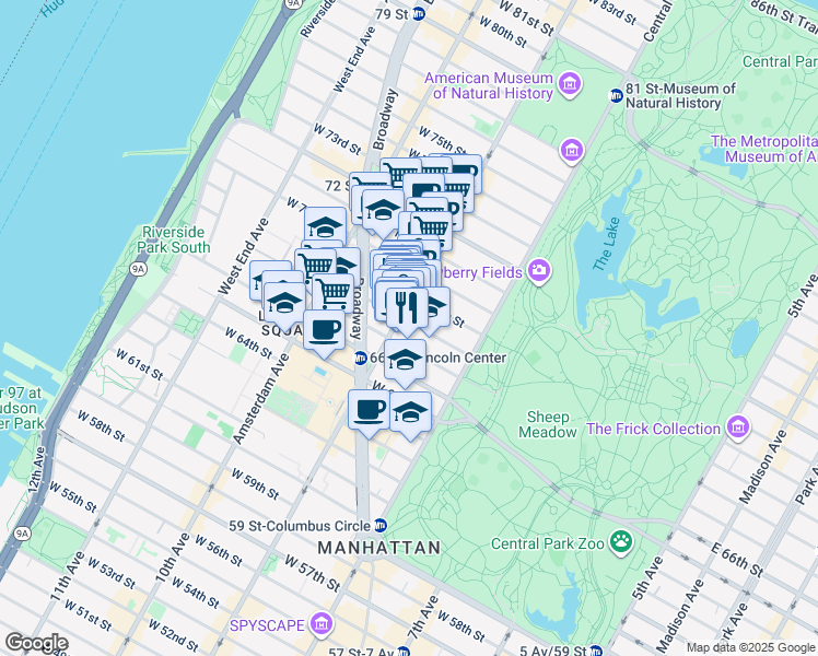 map of restaurants, bars, coffee shops, grocery stores, and more near 70 West 68th Street in New York