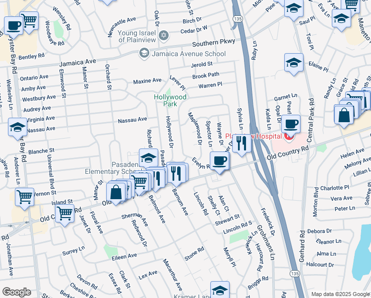 map of restaurants, bars, coffee shops, grocery stores, and more near 6 Shelter Hill Road in Plainview