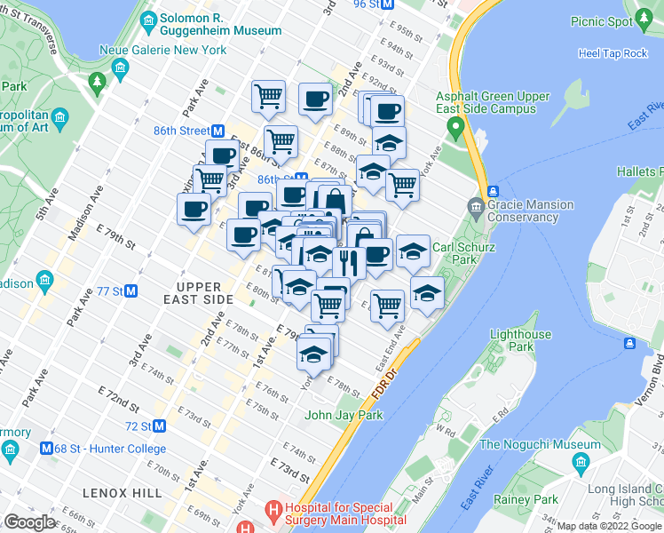 map of restaurants, bars, coffee shops, grocery stores, and more near 410 East 83rd Street in New York