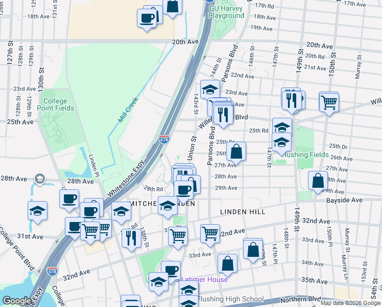 map of restaurants, bars, coffee shops, grocery stores, and more near 142-20 26th Avenue in Queens