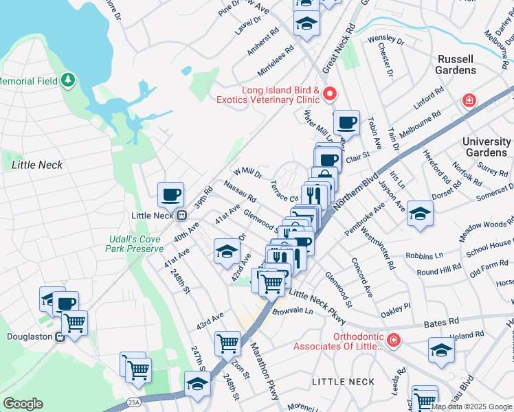 map of restaurants, bars, coffee shops, grocery stores, and more near 42 Nassau Road in Great Neck
