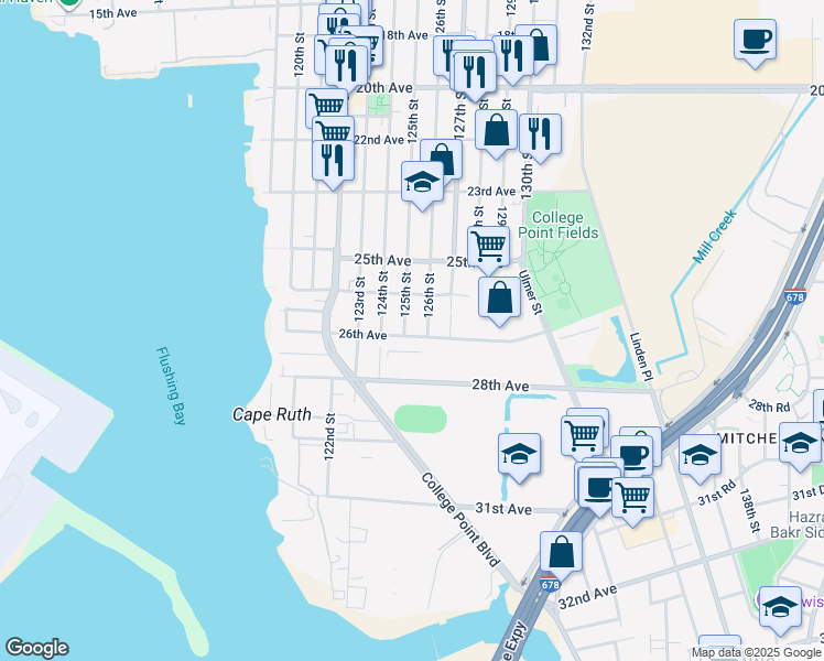 map of restaurants, bars, coffee shops, grocery stores, and more near 25-69 125th Street in Queens