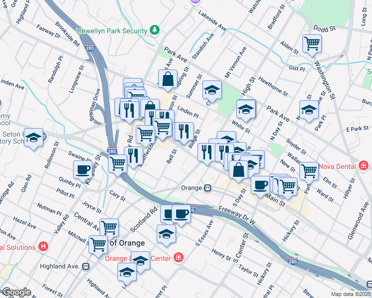 map of restaurants, bars, coffee shops, grocery stores, and more near 463 Main Street in City of Orange