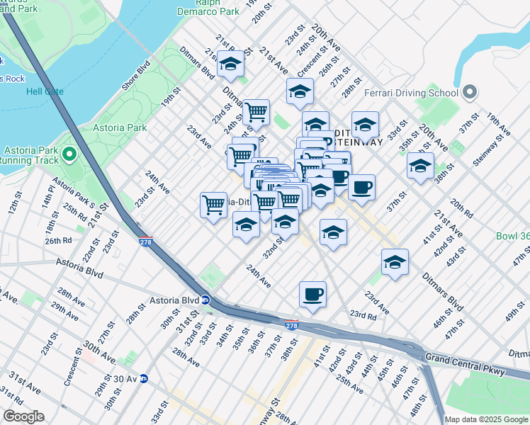 map of restaurants, bars, coffee shops, grocery stores, and more near 2302a 31st Street in Queens