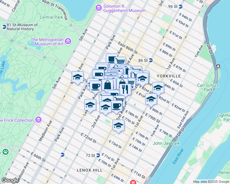 map of restaurants, bars, coffee shops, grocery stores, and more near 222 East 80th Street in New York
