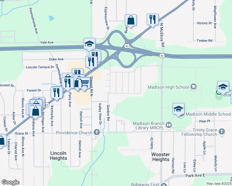 map of restaurants, bars, coffee shops, grocery stores, and more near 501 Parkwood Road in Mansfield