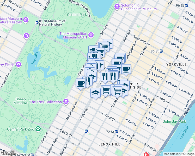 map of restaurants, bars, coffee shops, grocery stores, and more near 20 East 77th Street in New York