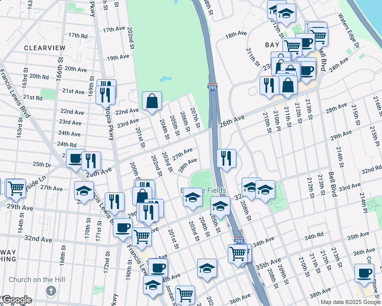 map of restaurants, bars, coffee shops, grocery stores, and more near 203-52 27th Avenue in Queens