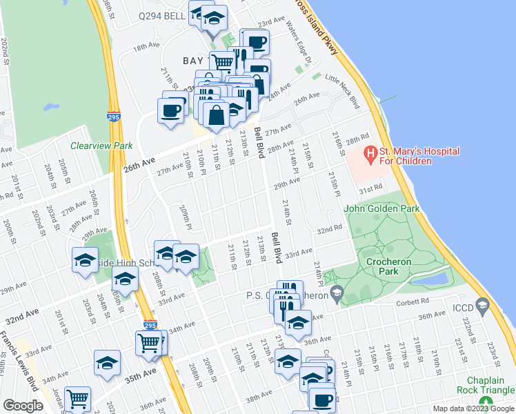 map of restaurants, bars, coffee shops, grocery stores, and more near 29-19 213th Street in Queens